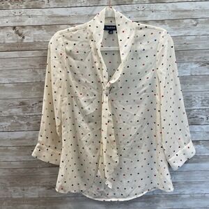 ModCloth Womens S Blouse Eye Heart U 3/4 Sleeve V-Neck Neck Tie Shirt Cream NWOT